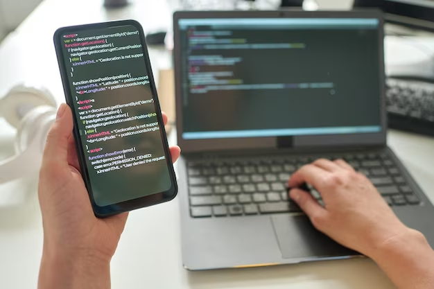 A person holding a phone and a laptop with codes on a table