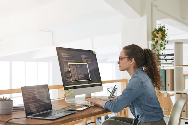 Woman typing program code on the keyboard