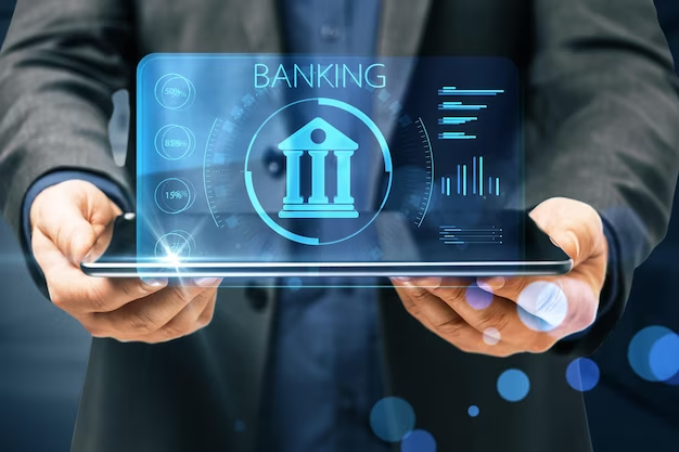 Person in a suit holding a laptop with 'banking' text and building graphics