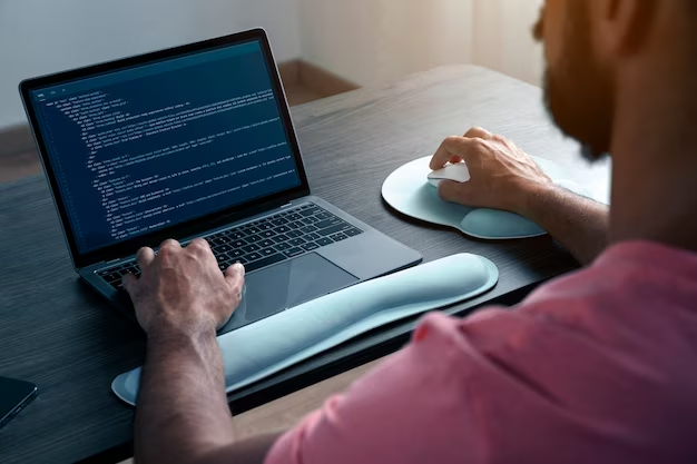 A man sits at a table and writes program code
