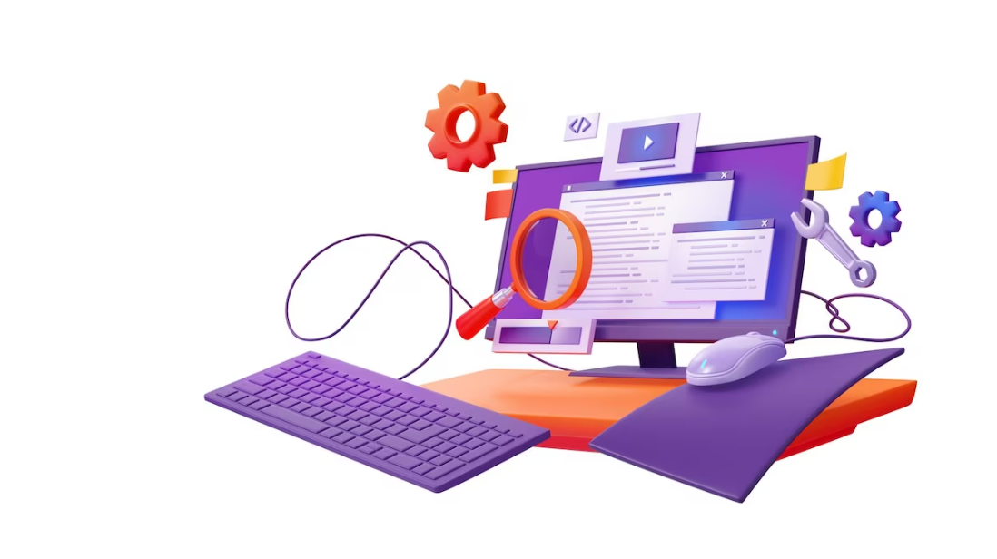 computer keyboard and screen, computer mouse, magnifying glass up in the air