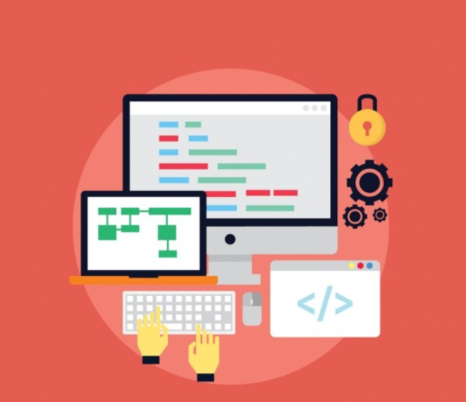 hands typing on keyboard, lock, laptop, webpage, and computer screen in a circle among red background