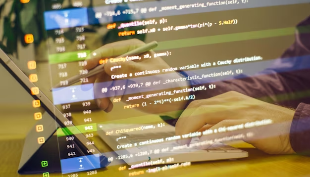 A man writes with a pen on a tablet, in the foreground is a program code