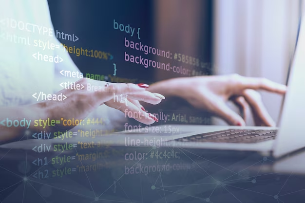 Female hands on the keyboard, program code in the foreground