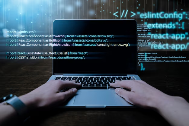 Male hands on the keyboard, program code in the foreground