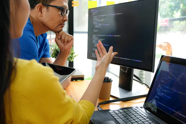 Two individuals viewing a computer while one points at something on the screen