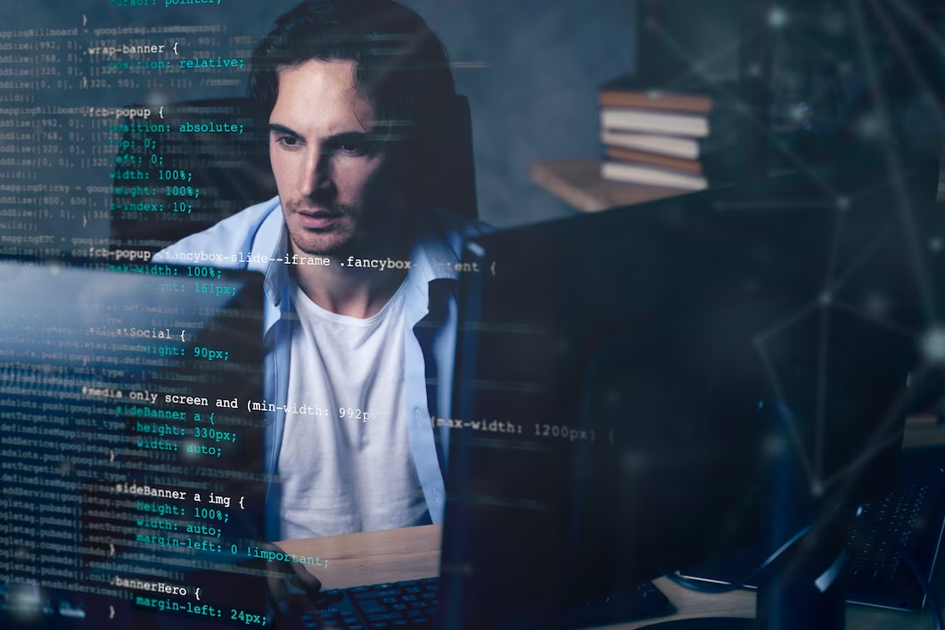 A person sitting in a dimly lit room in front of a computer with code overlaid